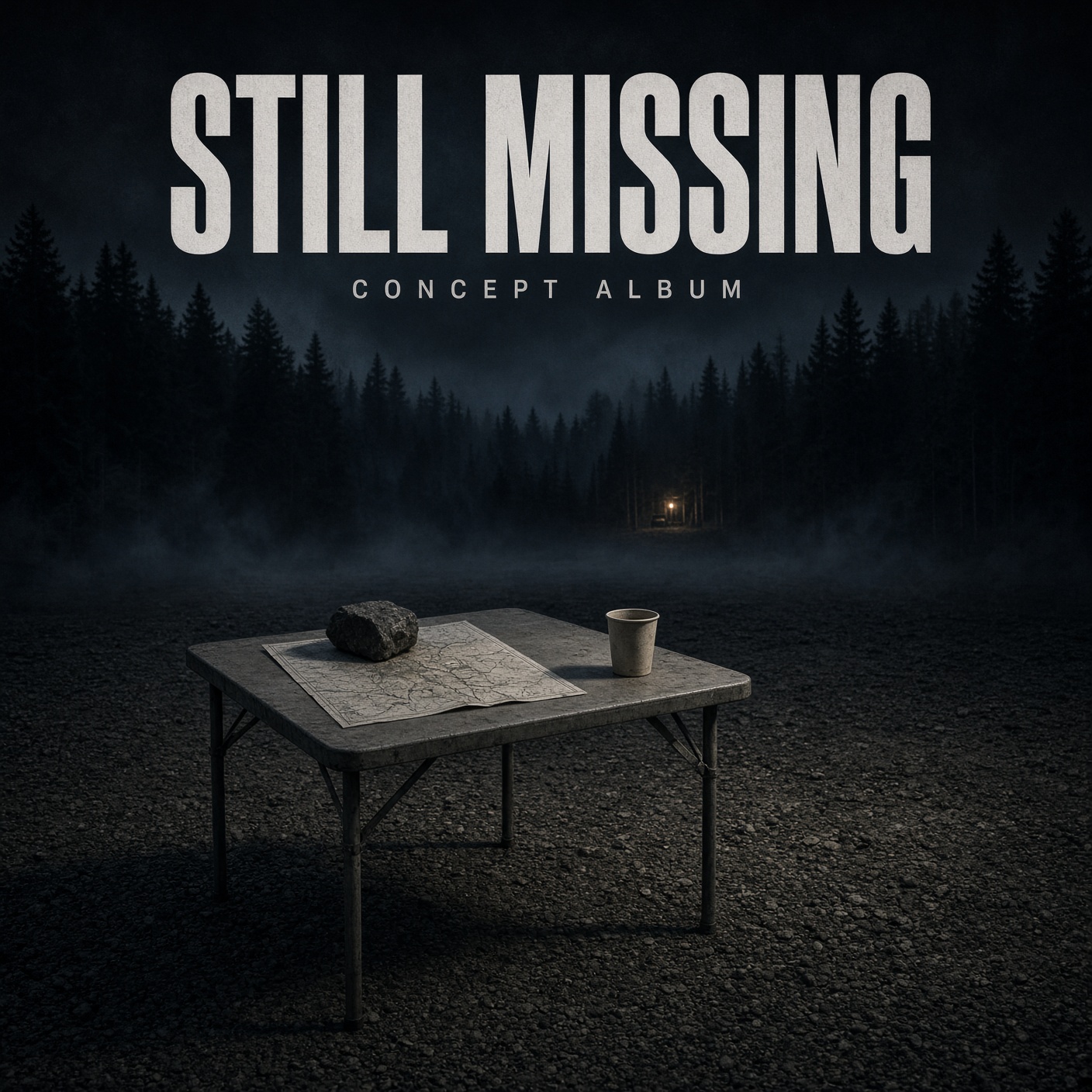 Still Missing album cover: night staging table, map, distant light